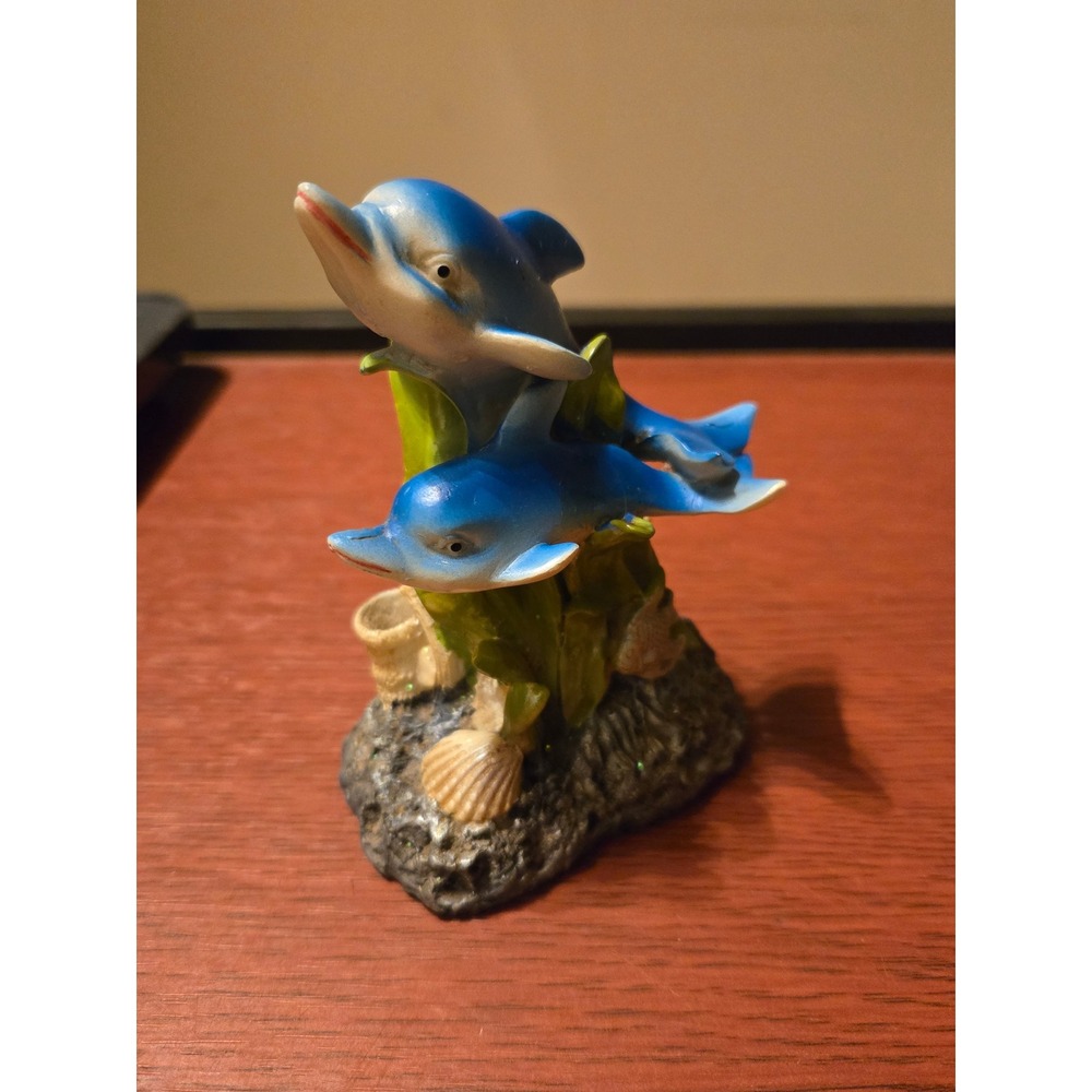 Vintage Blue Dolphin Pair Figurine Coral Reef Ocean Decor Resin Statue 5 Inch‎